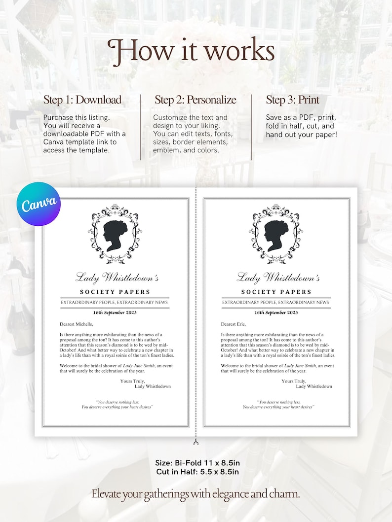 Puede incluir: Plantilla imprimible de Canva para una invitaci&oacute;n a una despedida de soltera. El dise&ntilde;o presenta una silueta en un marco decorativo, con el texto "Lady Whistledown's SOCIETY PAPERS". La invitaci&oacute;n es plegable, 27,9 x 21,6 cm, y personalizable.