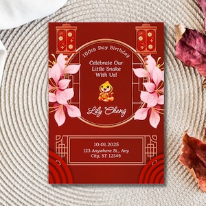 Baby Snake 100 Day Celebration Invitation 2025, Red Egg & Ginger Party, Instant Download Editable Canva Template, Printable, Year of Snake