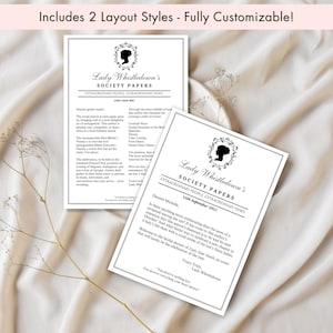 Puede incluir: Dos hojas de papeler&iacute;a imprimibles blancas con el texto "Lady Whistledown's Society Papers" en negro. Las hojas tienen una silueta decorativa y son totalmente personalizables.