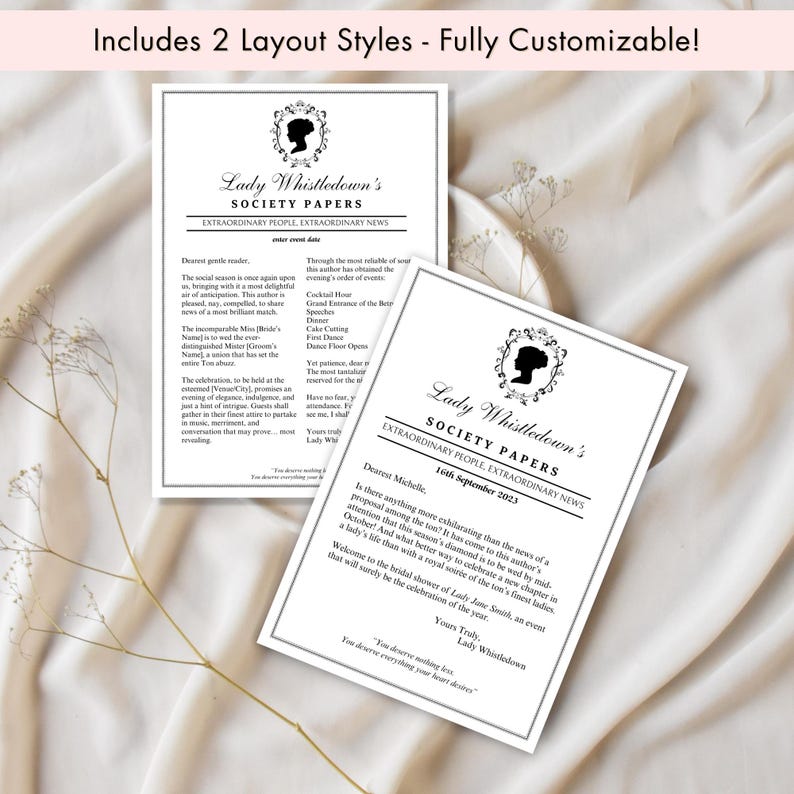 Puede incluir: Dos hojas de papeler&iacute;a imprimibles blancas con el texto "Lady Whistledown's Society Papers" en negro. Las hojas tienen una silueta decorativa y son totalmente personalizables.