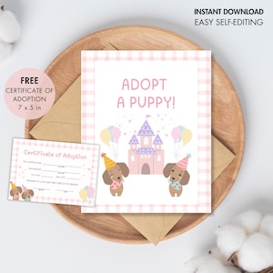 Adopt a Puppy Sign & Certificate: Pink Gingham Party (Canva PDF)