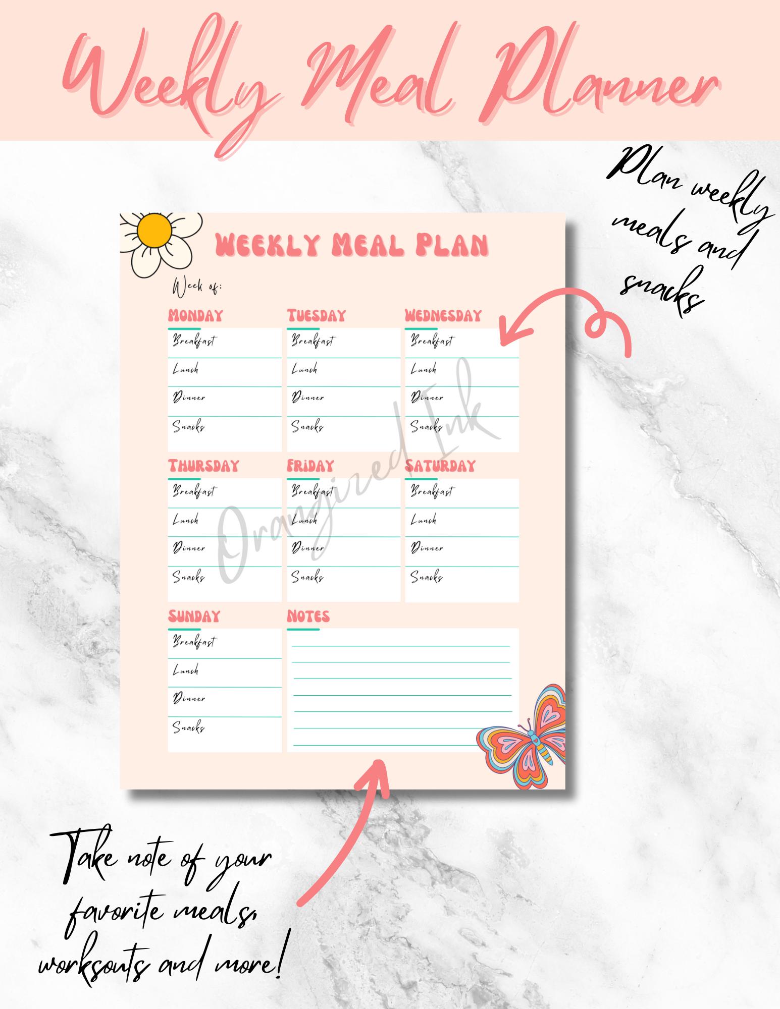 Weekly Meal Planner, Printable Pdf, Weekly Meal Tracker, Food Diary, Fitness, Health, Diet Tracker, Menu Planner, Weekly Prep, Retro vibes
