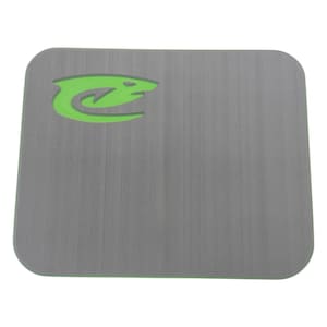 May include: A gray rectangular mat with rounded corners and a green border. The mat features a green stylized shark logo in the upper left corner. The surface has a textured, brushed appearance.