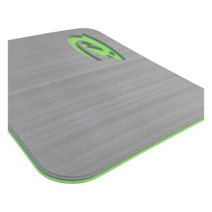 May include: Gray rectangular exercise mat with a green border and a green logo in the upper right corner. The mat has a textured surface.