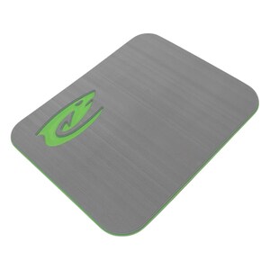 May include: A rectangular gray mousepad with a green border and a green logo in the upper left corner. The mousepad has a brushed metal texture.