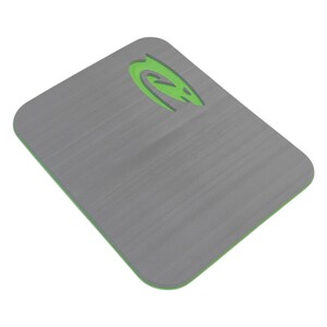 May include: A rectangular gray mousepad with a green border and a green logo in the upper right corner. The mousepad has a brushed metal texture.