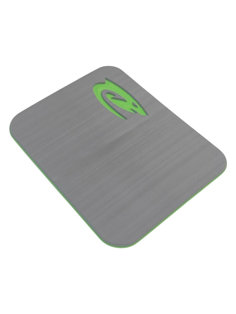 May include: A rectangular gray mousepad with a green border and a green logo in the upper right corner. The mousepad has a brushed metal texture.
