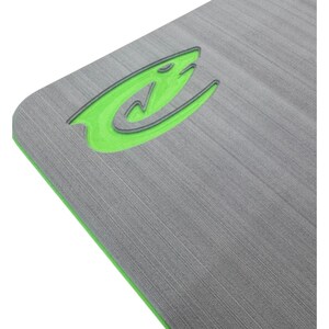 May include: A gray rectangular mat with a textured surface and a bright green border. A stylized green logo with a black outline is in the upper left corner. The logo appears to be a shark or fish.