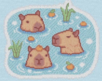 Lustiges Capybara-Kreuzstichmuster, niedliche Tierstickerei (PDF), Capybaras im Teich – Stickvorlage zum sofortigen Download
