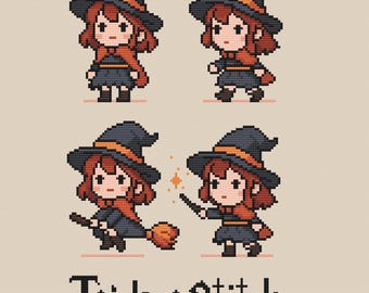 Süßes Hexen-Kreuzstichmuster PDF – Halloween Pixel Art Sampler „Trick or Stitch“, Kawaii Stickmuster, Sofortiger Download
