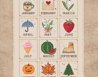 Monthly Cross Stitch Sampler Pattern PDF, 12 Months, Seasonal Motifs, Beginner