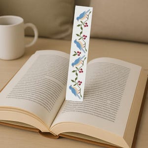 Close-up of cross stitch detail showing blue bird and berry branch, beginner friendly DMC pattern