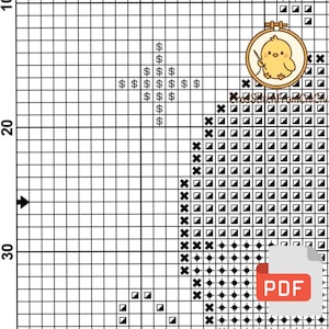 K&ouml;nnte beinhalten: Ein Kreuzstichmuster-Diagramm mit einem Raster aus Quadraten, das ein Sterndesign und das Wort "PDF" zeigt. Das Diagramm enth&auml;lt Symbole wie Dollarzeichen und Kreuze sowie ein Logo eines K&uuml;ken mit einer Nadel.