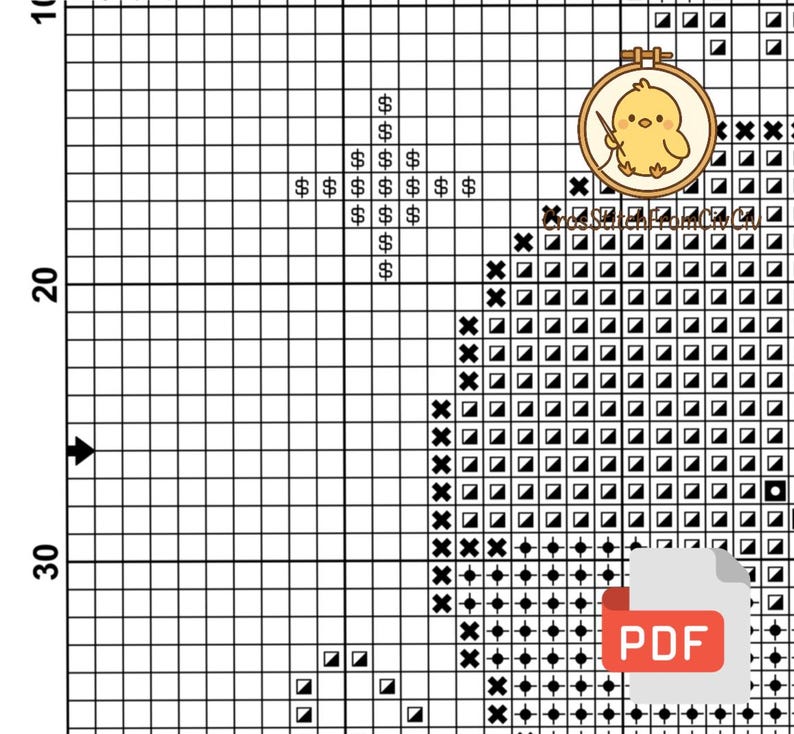 K&ouml;nnte beinhalten: Ein Kreuzstichmuster-Diagramm mit einem Raster aus Quadraten, das ein Sterndesign und das Wort "PDF" zeigt. Das Diagramm enth&auml;lt Symbole wie Dollarzeichen und Kreuze sowie ein Logo eines K&uuml;ken mit einer Nadel.