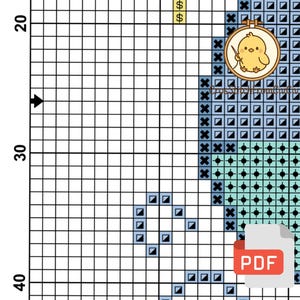 K&ouml;nnte beinhalten: Ein Kreuzstichmuster-Diagramm mit einem Raster aus Quadraten. Das Design zeigt ein gelbes K&uuml;ken in einem Reifen mit blauen und gr&uuml;nen Abschnitten. Ein PDF-Symbol befindet sich in der unteren rechten Ecke. Der Text "crossstitch.com.ua" ist sichtbar.