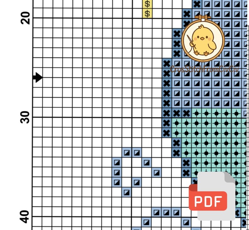 K&ouml;nnte beinhalten: Ein Kreuzstichmuster-Diagramm mit einem Raster aus Quadraten. Das Design zeigt ein gelbes K&uuml;ken in einem Reifen mit blauen und gr&uuml;nen Abschnitten. Ein PDF-Symbol befindet sich in der unteren rechten Ecke. Der Text "crossstitch.com.ua" ist sichtbar.