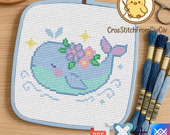 Niedliche Wal-Kreuzstichvorlage (PDF) | Kawaii-Meerestier mit Blumenmuster | Meerestier | Meeresstickerei | Sofort-Download | Niedlicher Wal