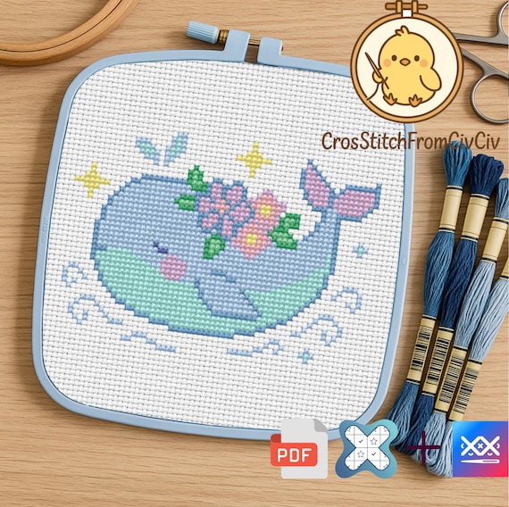 Cute Whale Cross Stitch Pattern PDF | Kawaii Floral Ocean Animal | Ocean Animal | Marine Needlework | Instant Download | Cute Whale