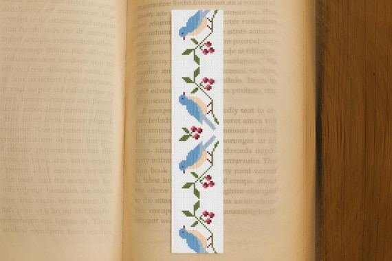 Blue Birds Bookmark Cross Stitch Pattern PDF, Floral Berry Border, Instant Download, DMC Colors, Beginner Friendly