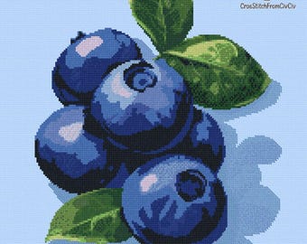 Realistic Blueberry Cross Stitch Pattern, Realistic Fruit, Modern Kitchen Wall Decor, Botanical Fruit Embroidery, Nature, Instant Download