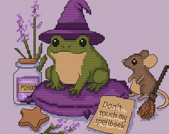 Witch's Familiar Frog Cross Stitch Pattern PDF SAGA, Cozy Halloween Frog with Mouse Potion and Lavender,  DMC Palette