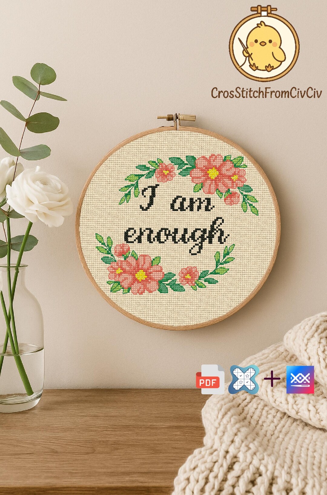 Self Stitches I Am Enough Cross Stitch Pattern β Floral Self Love Quote | PDF ...