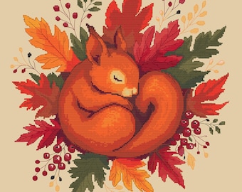 Autumn Squirrel Cross Stitch Pattern | Fall Leaves | Woodland Animal | Cozy Fall Animals | Cozy Forest Animal | Fall | Instant Download