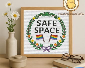 Safe Space Cross Stitch Pattern, Pride Flag Floral Wreath Modern PDF, Instant Download, LGBTQ+ Affirming Craft, Simple Hoop Art.