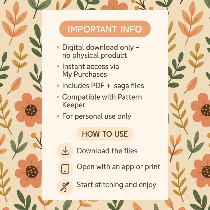 K&ouml;nnte beinhalten: Grafik zum digitalen Download mit dem Text &bdquo;WICHTIGE INFO&ldquo; und &bdquo;HOW TO USE&ldquo;. Der Hintergrund hat ein Blumenmuster in Orange-, Gr&uuml;n- und Cremet&ouml;nen. Der Text beschreibt das Produkt als digitalen Download mit sofortigem Zugriff.