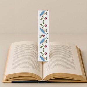 Blue birds bookmark cross stitch pattern PDF, floral berry border design on open book, digital embroidery chart for beginners