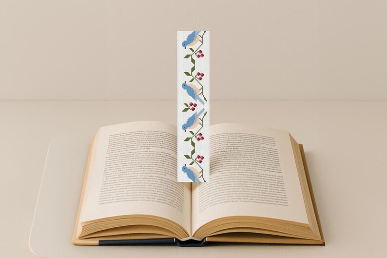 Blue birds bookmark cross stitch pattern PDF, floral berry border design on open book, digital embroidery chart for beginners