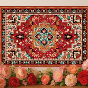 Orientaliskt korsstygnsmönster PDF, digital nålpunktsmattdesign för modern broderi, korsstygnsdiagram för persisk matta, direktnedladdning