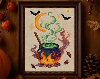Patrón de punto de cruz de caldero de bruja de Halloween en PDF | Poción mágica, murciélagos y luna | Diseño de bordado de bruja espeluznante