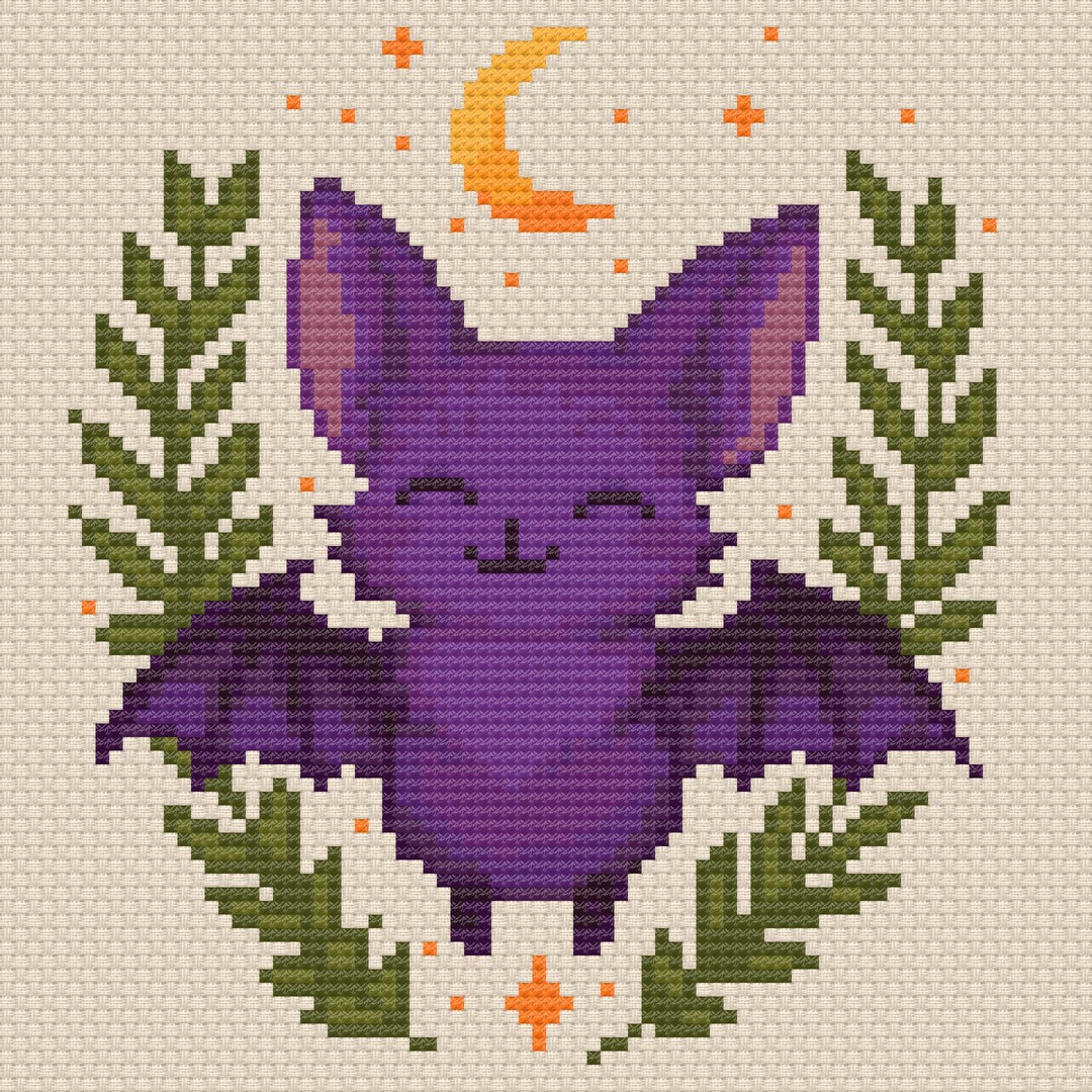 Cute Purple Bat Cross Stitch Pattern PDF | Halloween Embroidery PDF ...