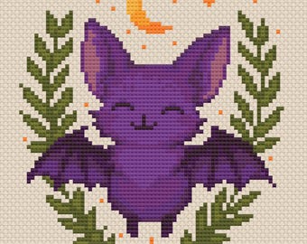 Modèle de point de croix PDF d'une adorable chauve-souris violette | Broderie d'Halloween PDF | Point de croix automnal kawaii | Téléchargement instantané | Lune d'Halloween