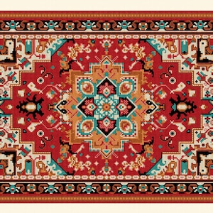 Pode incluir: Padrão de ponto cruz detalhado de um tapete tradicional. O design apresenta um medalhão central em tons de laranja, verde-azulado e preto, sobre um fundo vermelho. A borda é uma mistura de cores marrom, preto e creme.