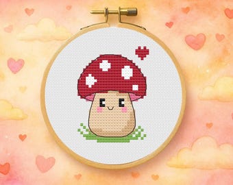 Pixel Mushroom Cross Stitch Pattern PDF • Cute Kawaii Toadstool • Beginner Friendly Embroidery Design • Mini Hoop Wall Art