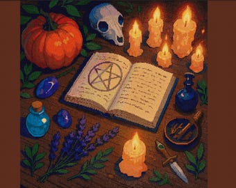 Witch Cross Stitch Pattern – Spell Book, Pumpkin, Candles, Potions – Witchy Embroidery PDF