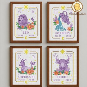Patrón de punto de cruz del zodíaco personalizado • Muestrario de carta natal personalizada en PDF + .saga • Regalo de bordado astrológico