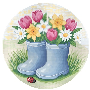 Vårblommor i regnstövlar korsstygnsmönster PDF, blombroderidesign, omedelbar nedladdning, trädgårdsdekor, tulpaner och påskliljor diagram
