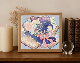 Witch Hat Cross Stitch Pattern PDF – Spell Books, Pastel Witchcore, Halloween Decor