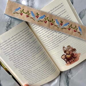 Cross stitch bookmark pattern PDF with blue birds and red berries, digital embroidery pattern for handmade linen bookmark