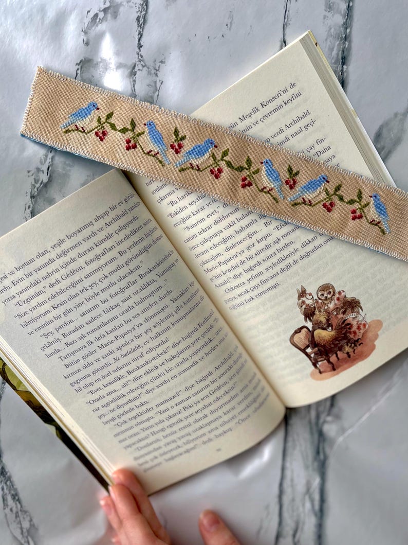 Cross stitch bookmark pattern PDF with blue birds and red berries, digital embroidery pattern for handmade linen bookmark