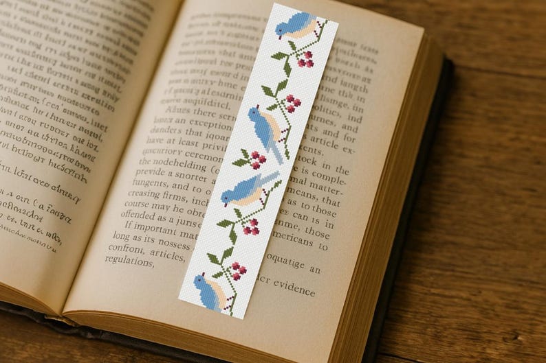 Handmade blue birds bookmark cross stitch pattern PDF, floral and berry embroidery design for readers
