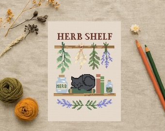 Herb Shelf Cross Stitch Pattern | Cottagecore Kitchen Embroidery with Cat | Botanical Wall Art | Rustic Home Decor Stitch | Christmas Gift