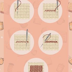 K&ouml;nnte beinhalten: Eine illustrierte Anleitung mit dem Titel &bdquo;How to Cross Stitch&ldquo; mit Schritt-f&uuml;r-Schritt-Anweisungen. Das Bild zeigt eine Nadel und Faden, mit denen Kreuzstichmuster auf einem beigefarbenen Stoff erstellt werden. Der Hintergrund ist hellpfirsichfarben mit Kaffeetassen und B&uuml;chern.