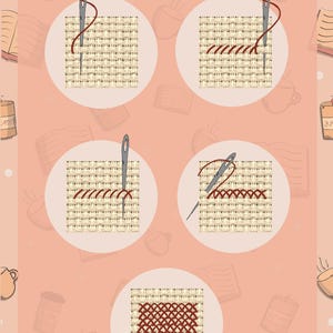 May include: An illustrated guide titled "How to Cross Stitch" with step-by-step instructions. The image shows a needle and thread being used to create cross-stitch patterns on a beige fabric. The background is a light peach color with coffee cups and books.