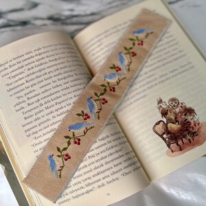 Digital cross stitch pattern for embroidered bookmark featuring blue birds and berry branches, instant download PDF