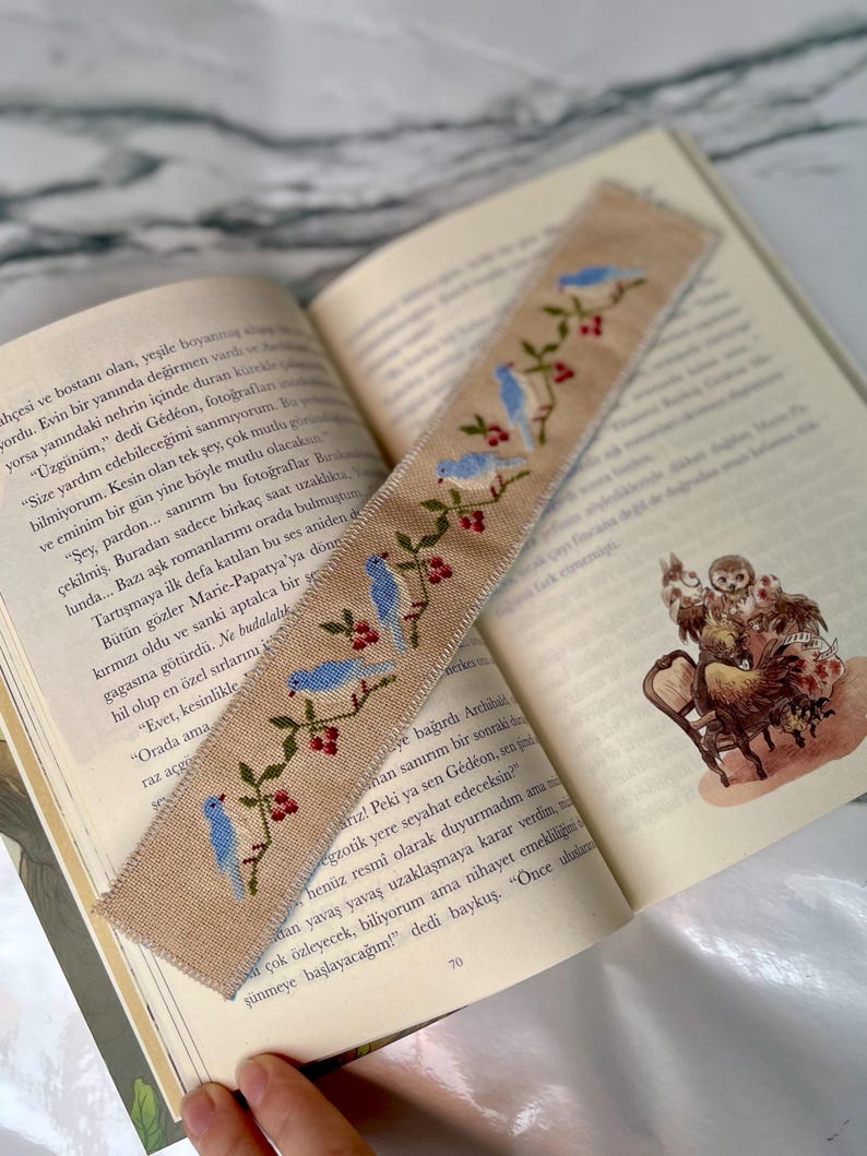 Digital cross stitch pattern for embroidered bookmark featuring blue birds and berry branches, instant download PDF