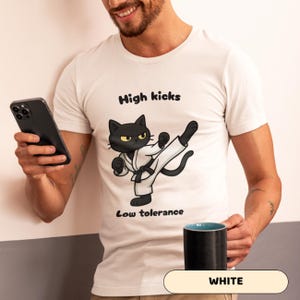 Karate Cat Shirt - High Kicks Low Tolerance Funny Martial Arts Tee, Sarcastic Black Cat Graphic, Sassy CATana Squad